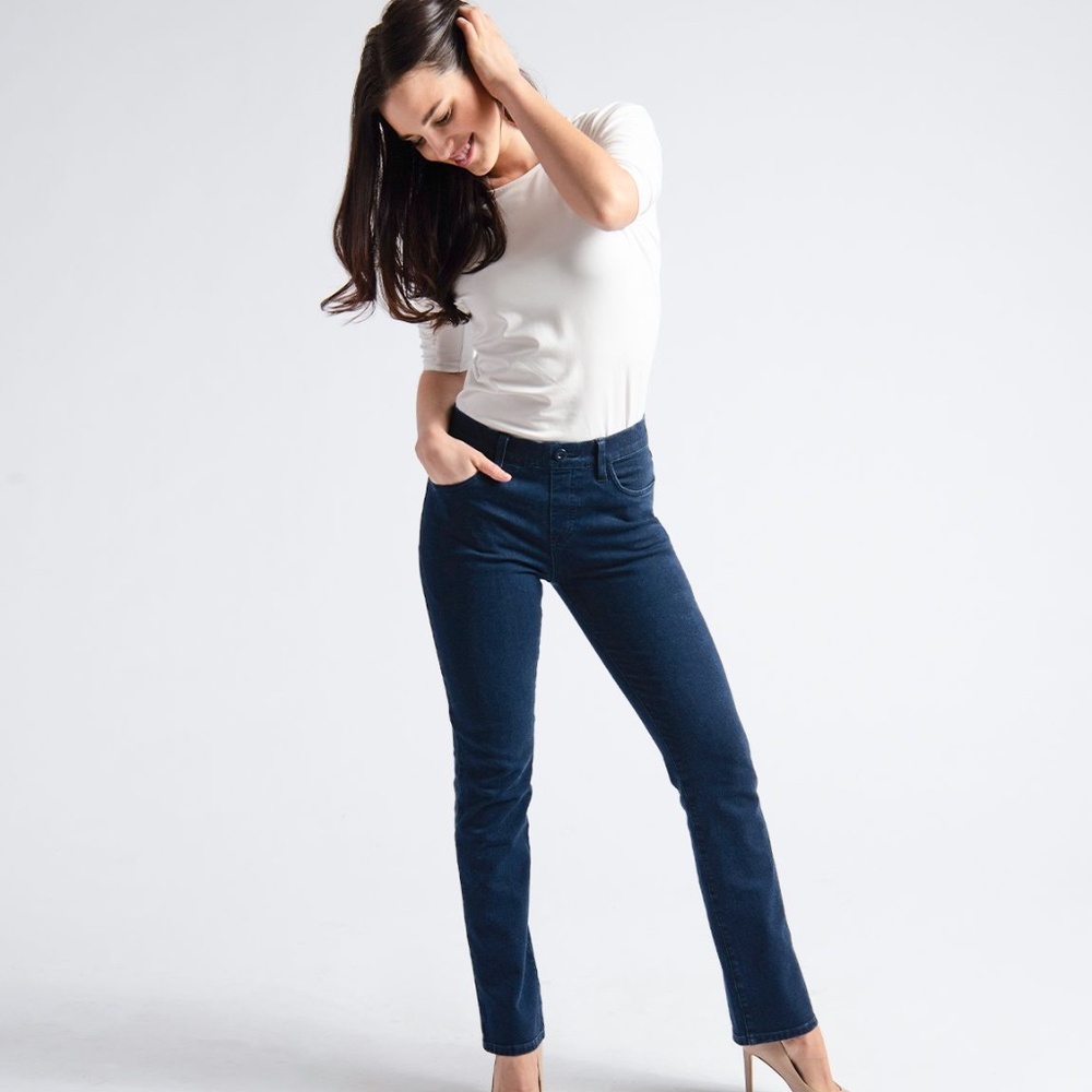 Betabrand Yoga Denim Jeans Straight-Leg Stretch Pull On Dark Wash Size Small